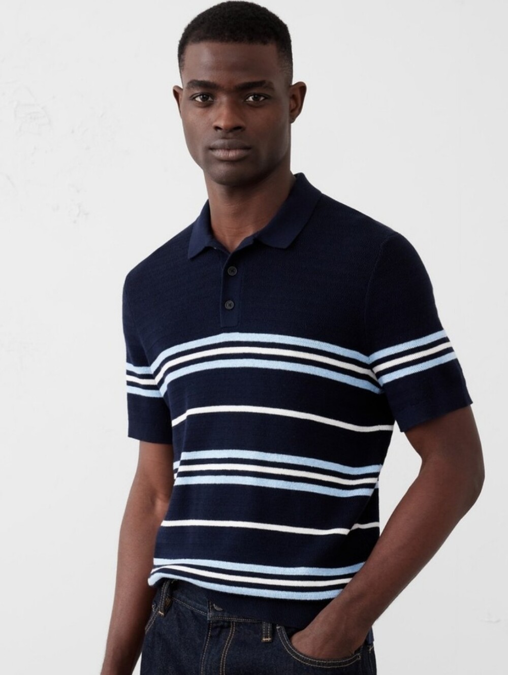 Banana Republic Factory Textured Blue Striped Polo Sweater Top - Size XL
